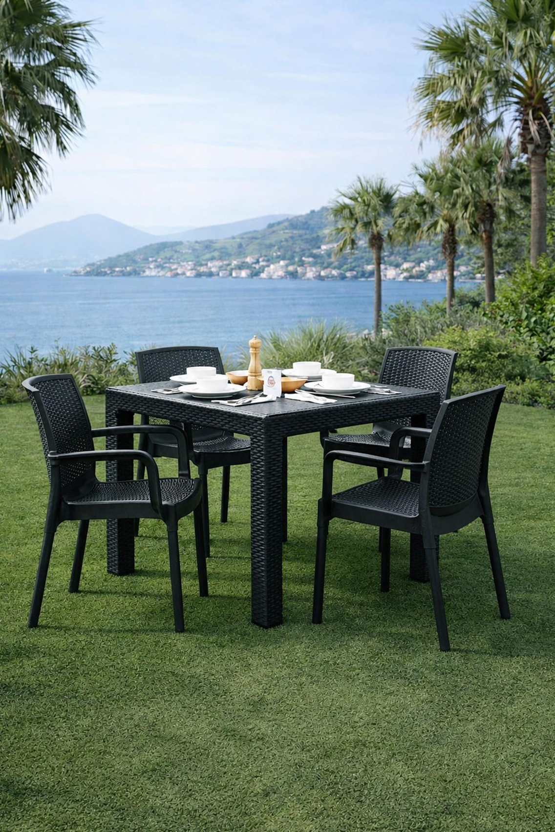 Alezy R003 Rattan Camlı Kare Masa + 4 Adet Sunset Rattan Koltuk | ID1234