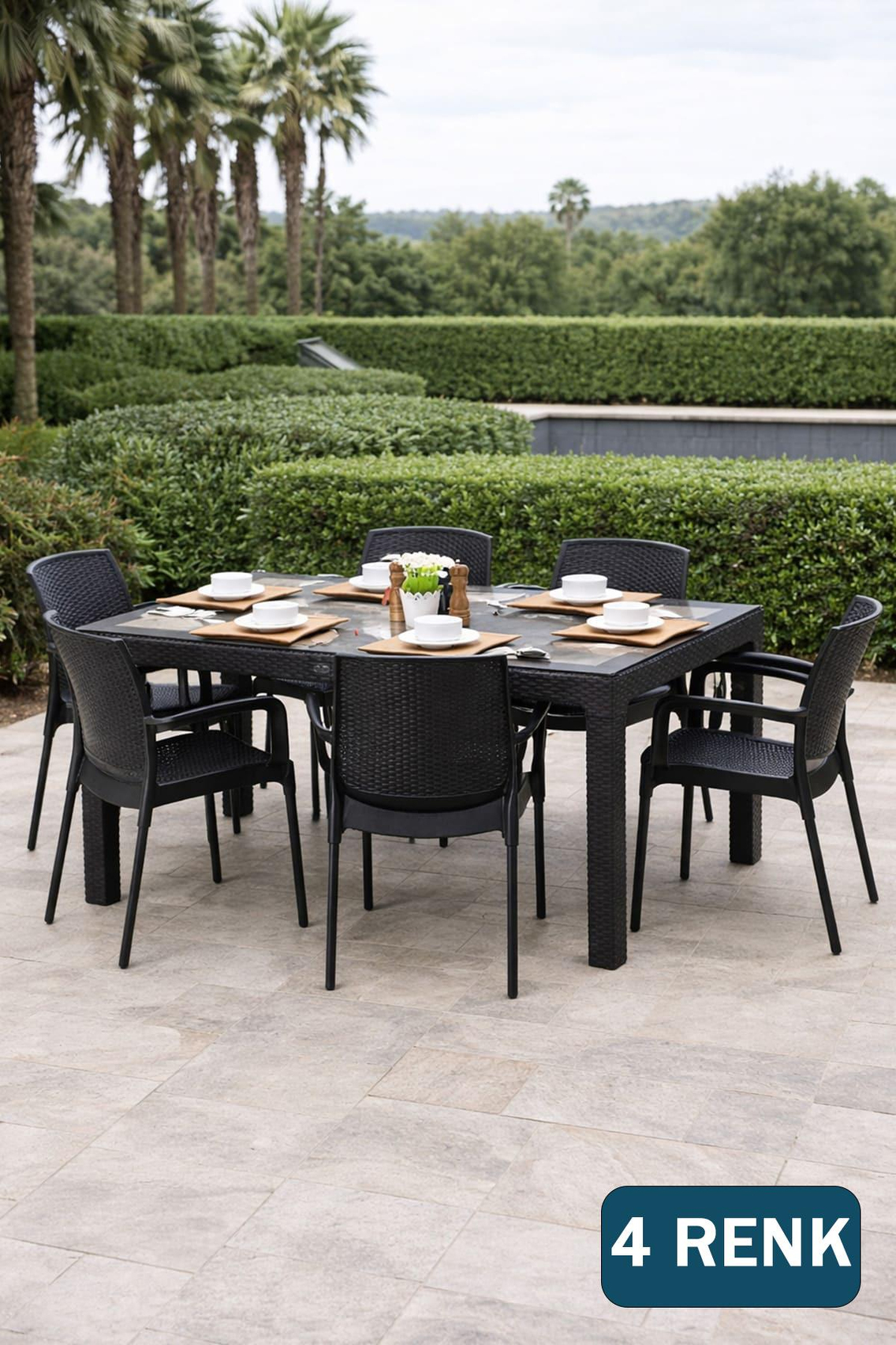 Alezy Rattan Camlı 90x150 Masa + 6 Adet Sunset Koltuk | ID1278