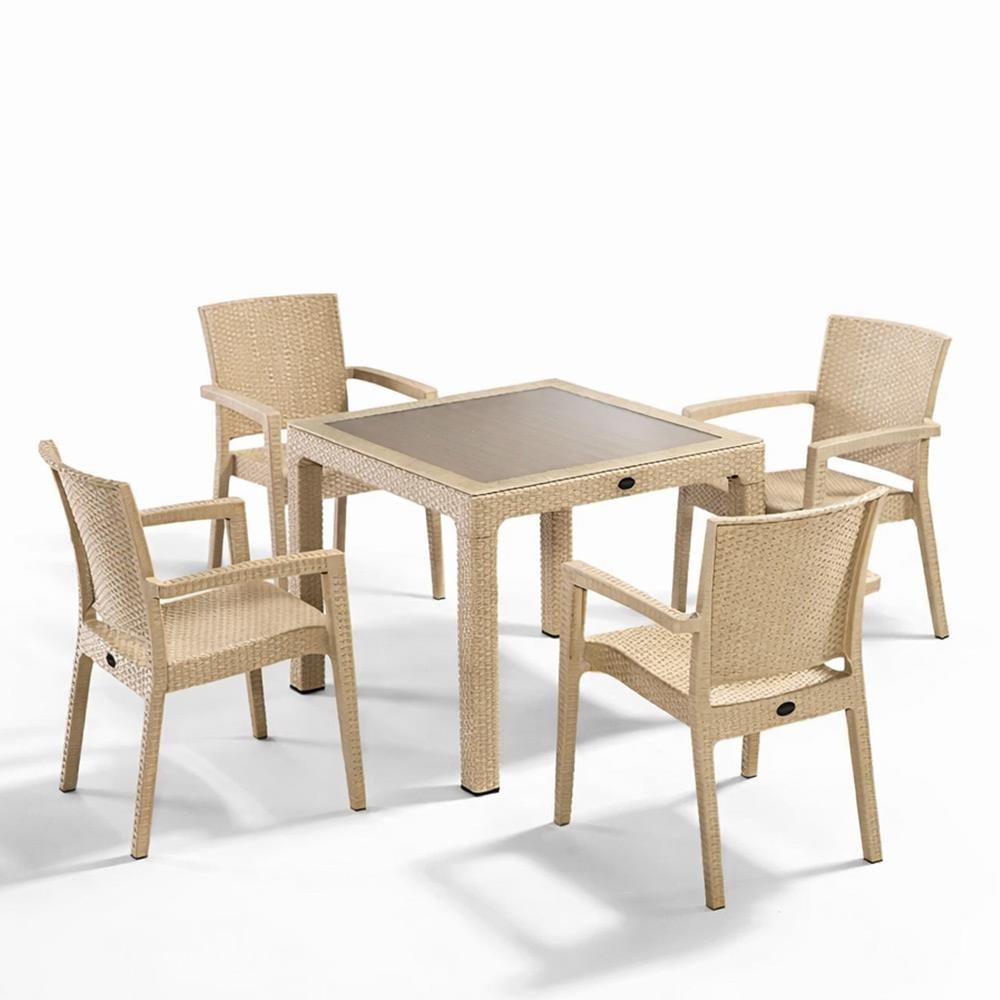 Alezy Rattan Camlı Kare Masa + 4 Adet Paris Koltuk Sandalye | ID1244