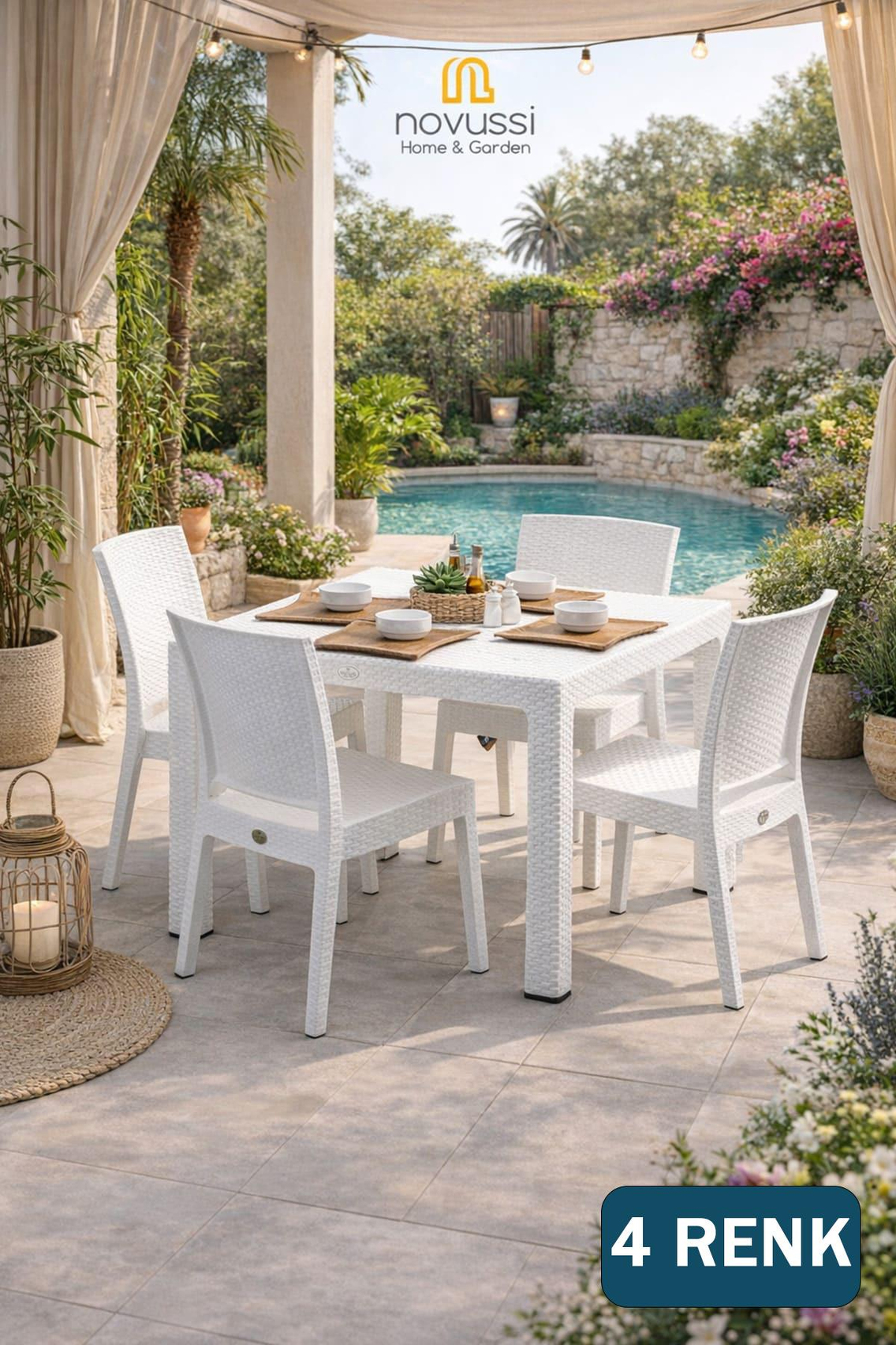 Alezy Rattan Camsız Kare Masa + 4 Adet Nice Rattan Sandalye | ID1299