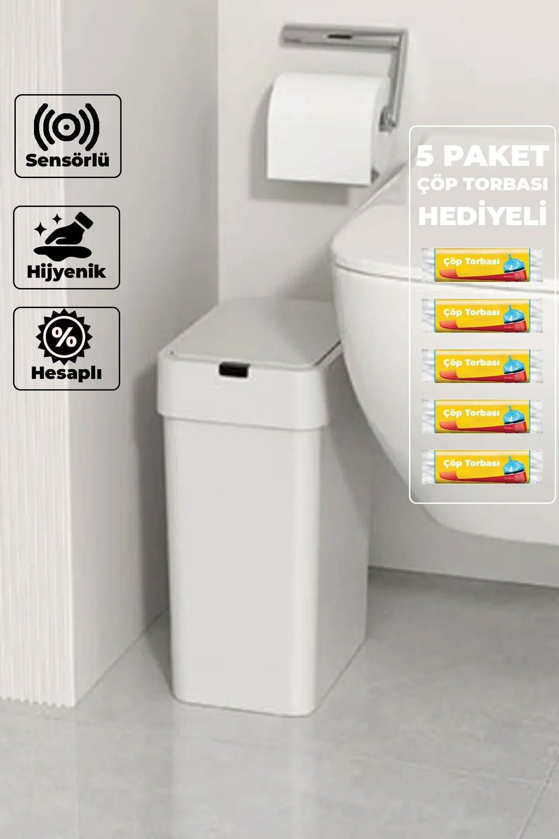 Alezy Sensörlü Otomatik Açılır Kapanır Akıllı Çöp Kovası 9 Litre + 5 Paket Çöp Torba Hediyeli”