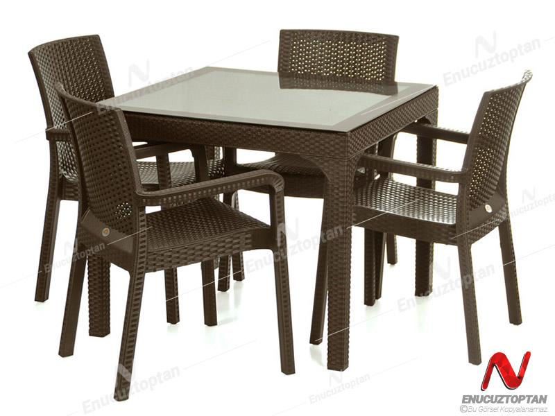 Holiday HM710 Rattan Camlı 90x90 Masa + 4 Adet HK700 Markiz Koltuk | ID2813