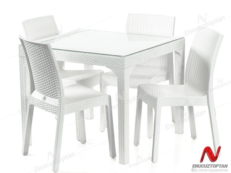 Holiday HM710 Rattan Camlı 90x90 Masa + 4 Adet HK710 Deluxe Sandalye | ID2812