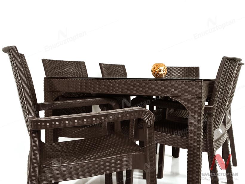 Holiday HM725 Rattan Camlı 80x140 Masa + 6 Adet HK700 Markiz Koltuk | ID4676