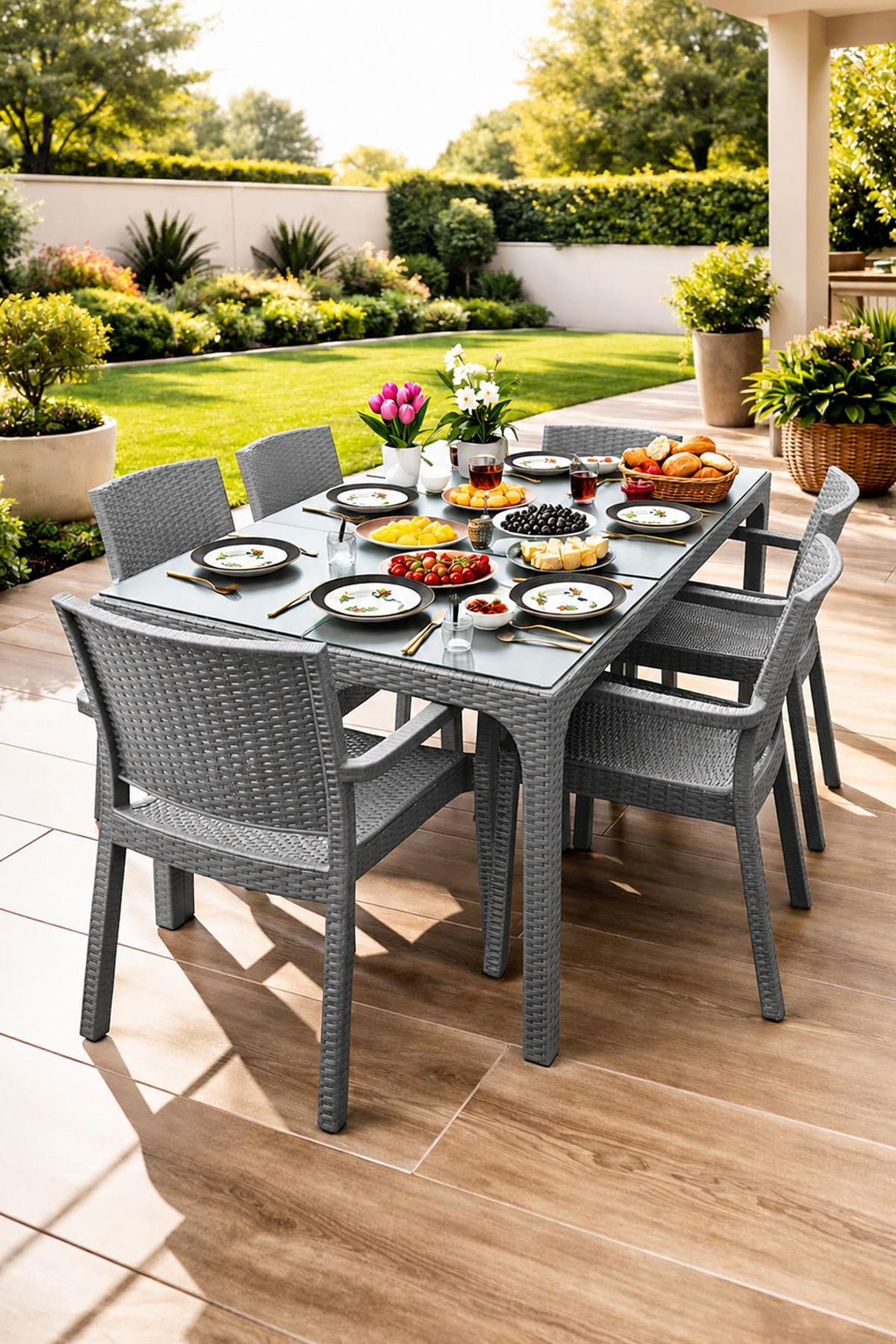 Holiday HM725 Rattan Camlı 80x140 Masa + 6 Adet HK700 Markiz Koltuk | ID4676