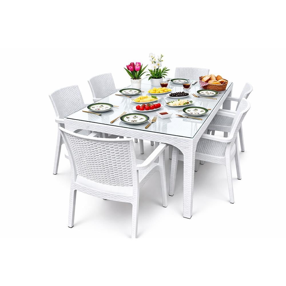 Holiday HM725 Rattan Camlı 80x140 Masa + 6 Adet HK700 Markiz Koltuk | ID4676