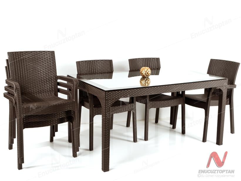 Holiday HM725 Rattan Camlı 80x140 Masa + 6 Adet HK700 Markiz Koltuk | ID4676