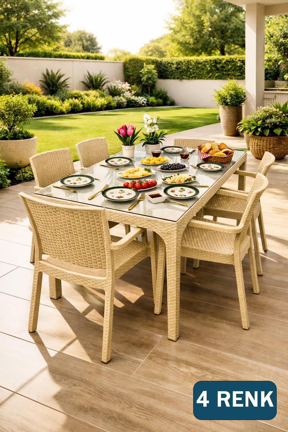 Holiday HM725 Rattan Camlı 80x140 Masa + 6 Adet HK700 Markiz