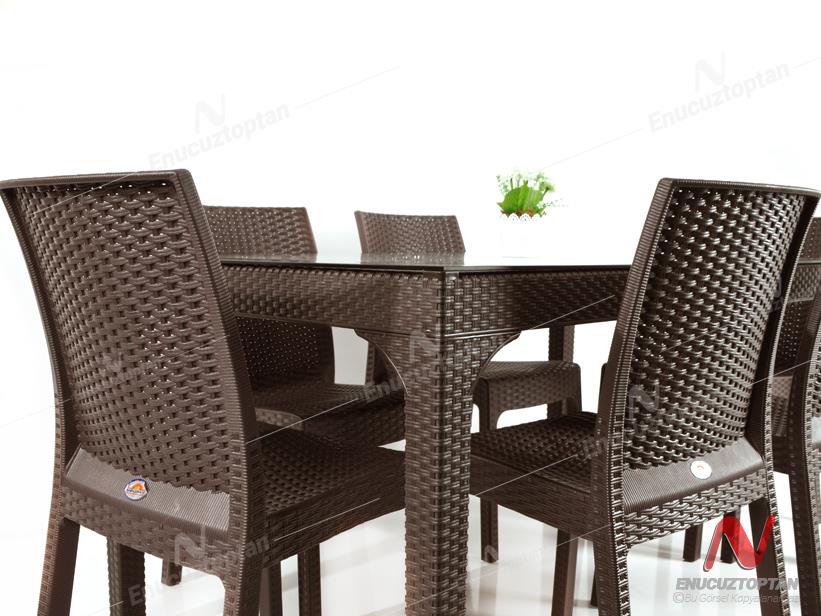 Holiday HM730 Rattan Camlı 90x150 Masa + 6 Adet HK710 Deluxe Sandalye | ID2818