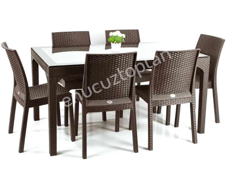 Holiday HM730 Rattan Camlı 90x150 Masa + 6 Adet HK710 Deluxe Sandalye | ID2818