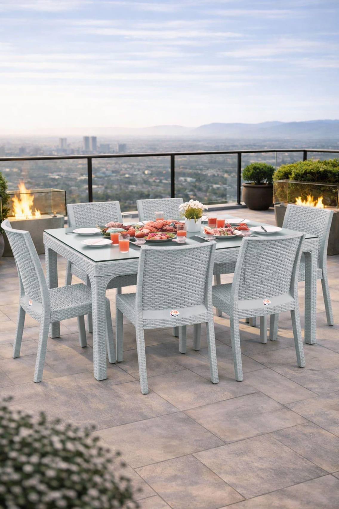 Holiday HM730 Rattan Camlı 90x150 Masa + 6 Adet HK710 Deluxe Sandalye | ID2818