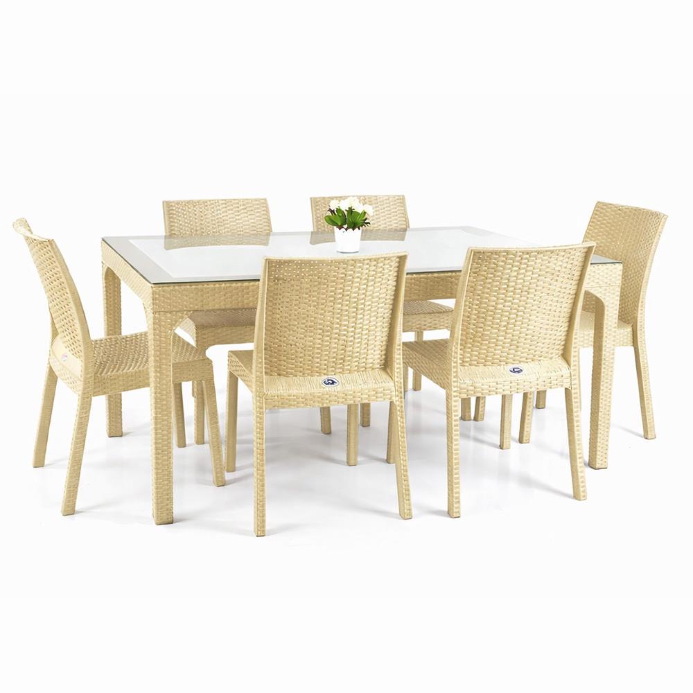 Holiday HM730 Rattan Camlı 90x150 Masa + 6 Adet HK710 Deluxe Sandalye | ID2818