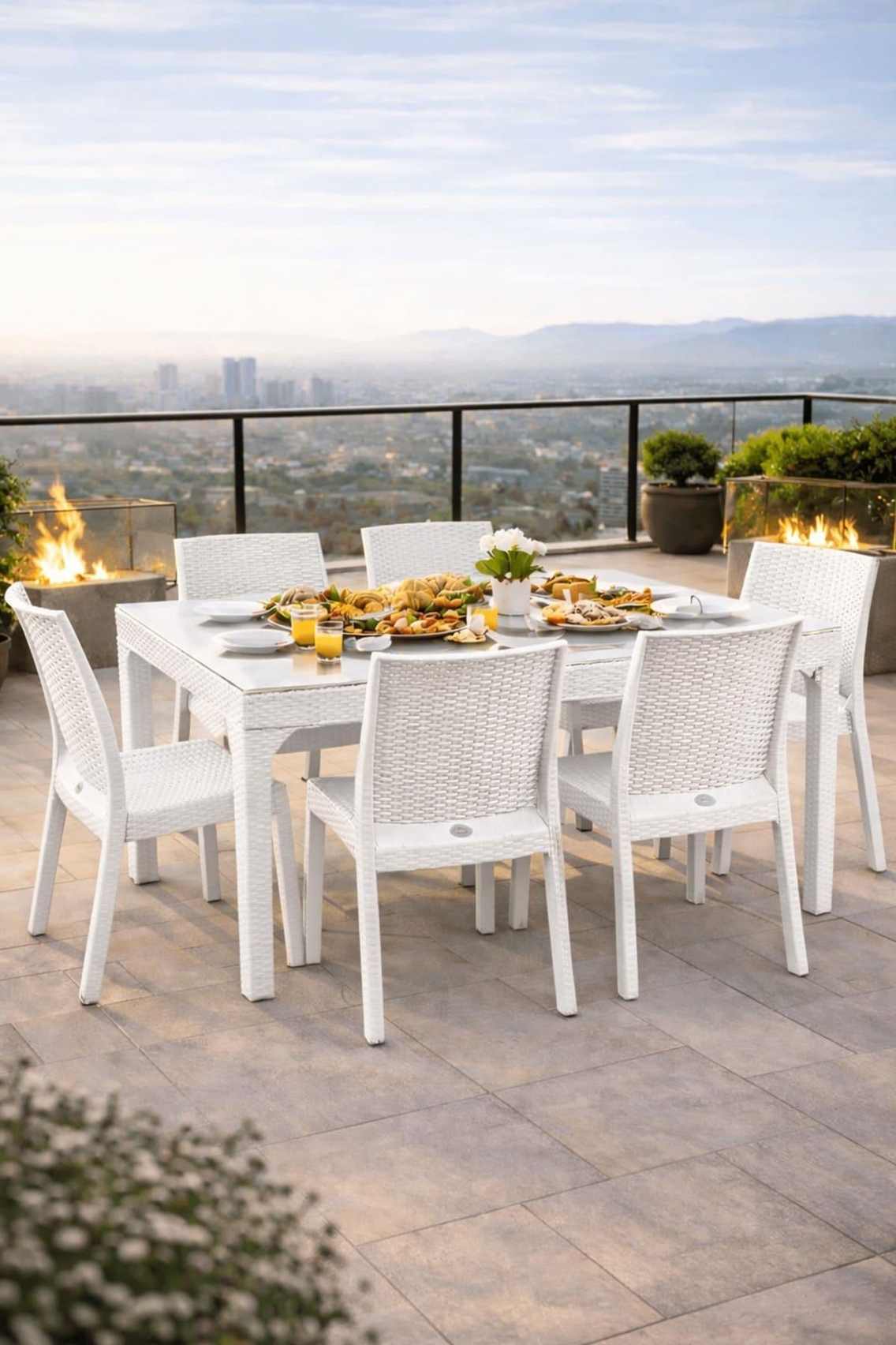 Holiday HM730 Rattan Camlı 90x150 Masa + 6 Adet HK710 Deluxe Sandalye | ID2818