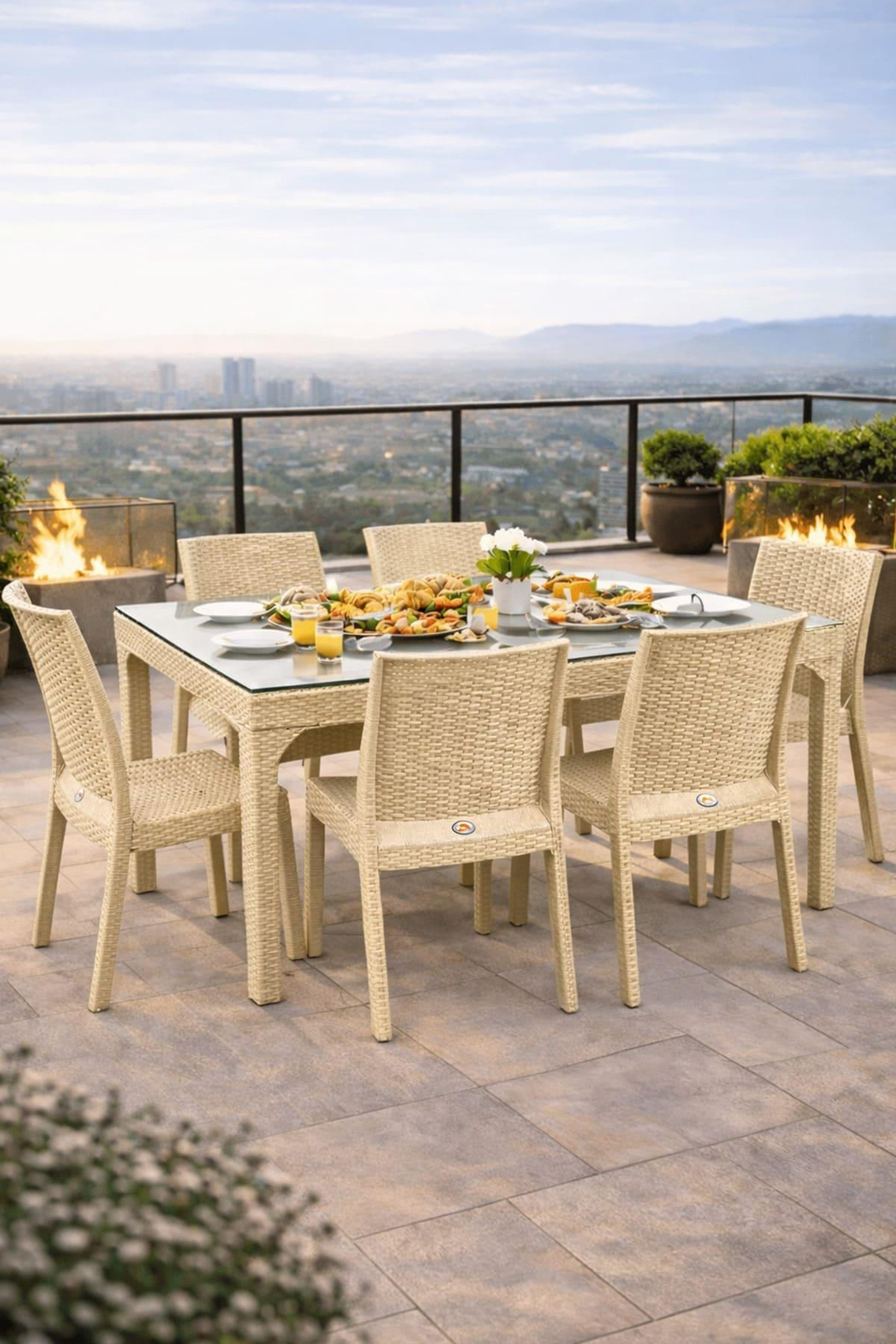 Holiday HM730 Rattan Camlı 90x150 Masa + 6 Adet HK710 Deluxe Sandalye | ID2818