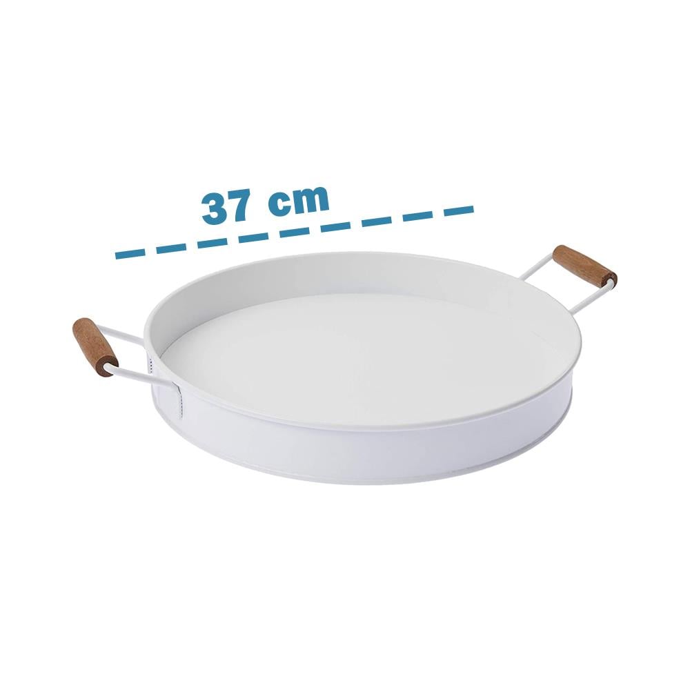 Metal Yuvarlak Tepsi Ahşap Kulplu 37 cm | ID5887