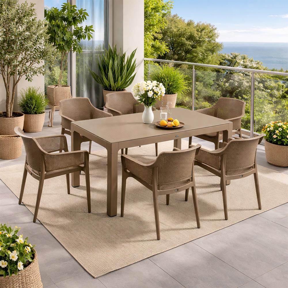 Novussi Boom Masa Takımı 90x150 Camlı Masa + 6 Adet Boom Koltuk Cappucino | ID6482