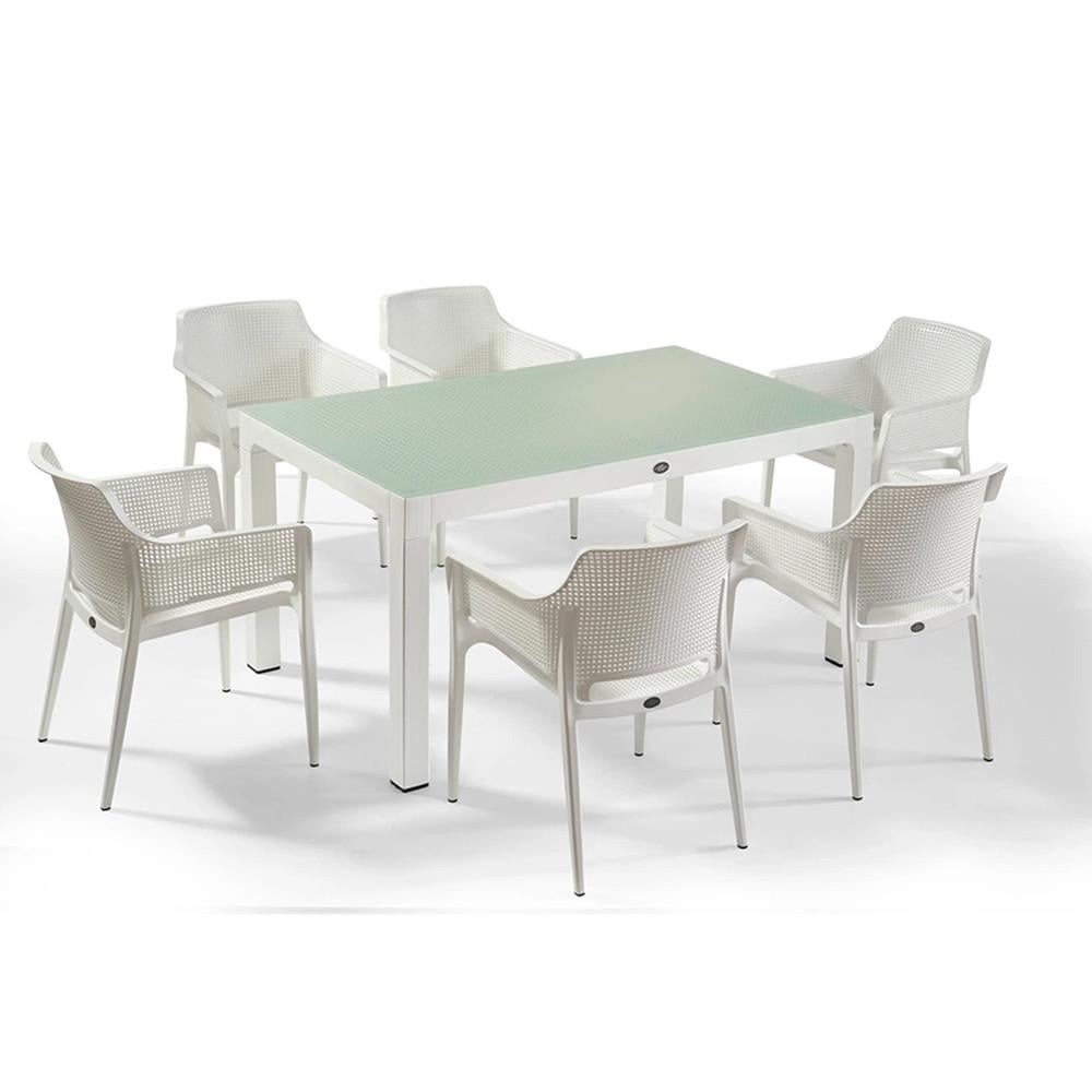 Novussi Boom Masa Takımı 90x150 Camlı Masa + 6 Adet Boom Koltuk Beyaz | ID6483