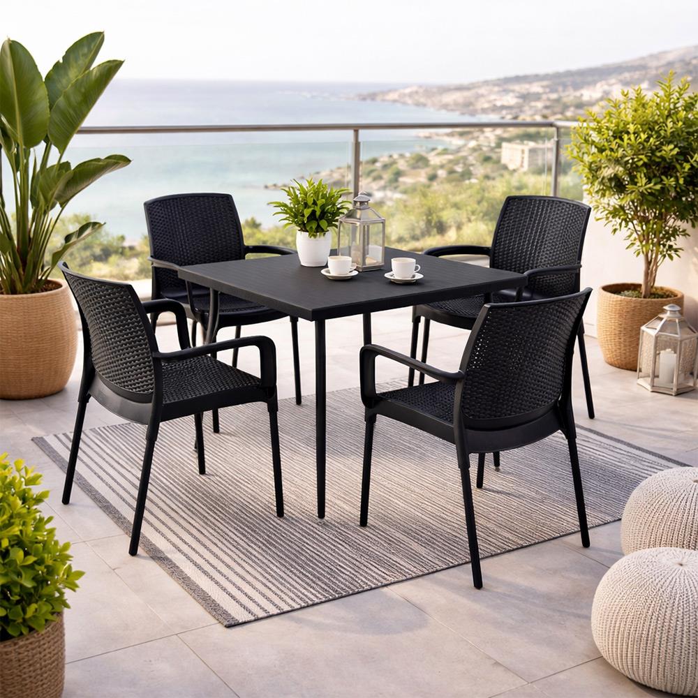 Novussi Carmen Rattan Masa Takımı 80x80 Masa + 4 Adet Rattan Sunset Sandalye Antrasit | ID6413