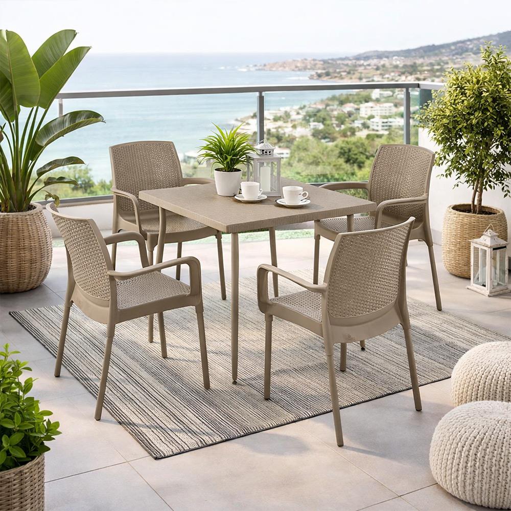 Novussi Carmen Rattan Masa Takımı 80x80 Masa + 4 Adet Rattan Sunset Sandalye Cappucino | ID6415