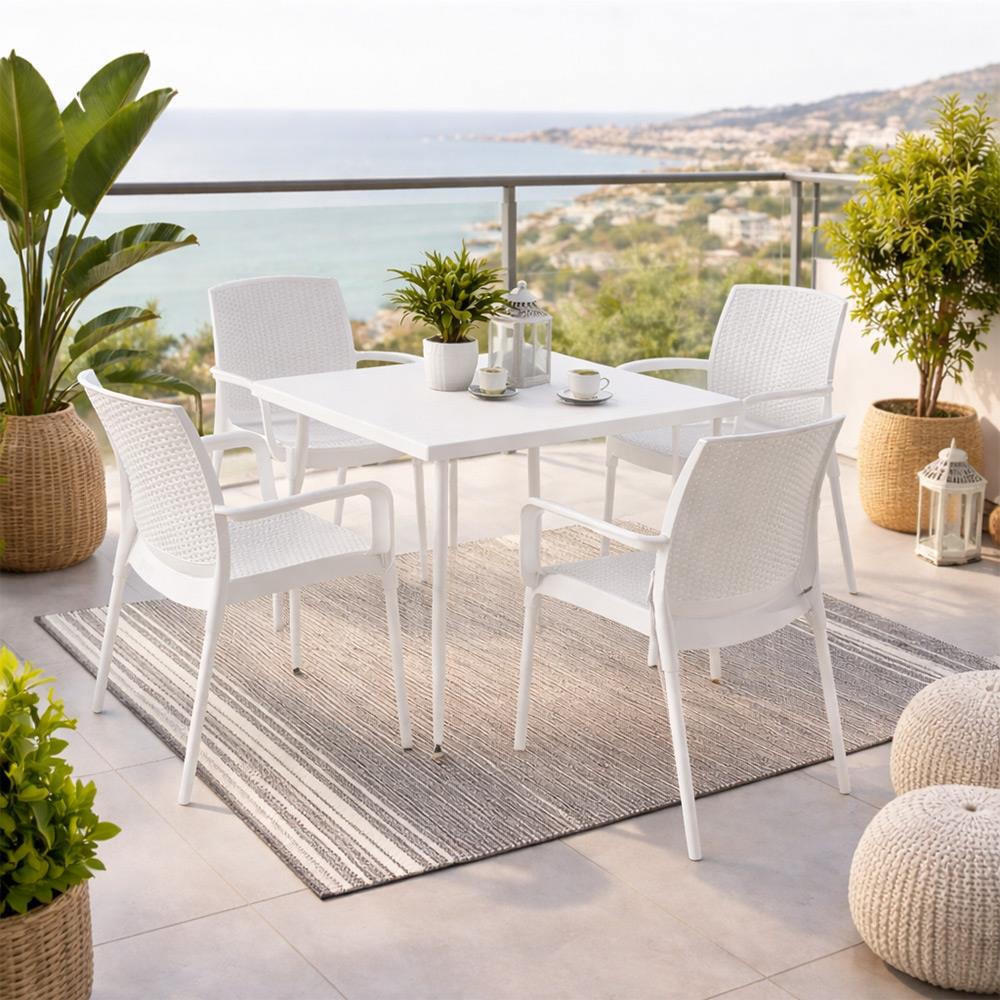 Novussi Carmen Rattan Masa Takımı 80x80 Masa + 4 Adet Rattan Sunset Sandalye Beyaz | ID6414