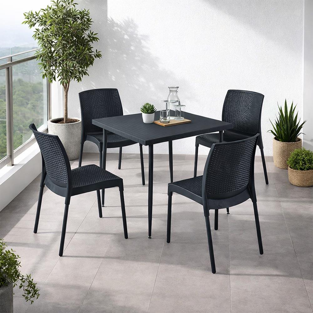 Novussi Carmen Rattan Masa Takımı 80x80 Masa + 4 Adet Rattan Sunny Sandalye Antrasit | ID6409