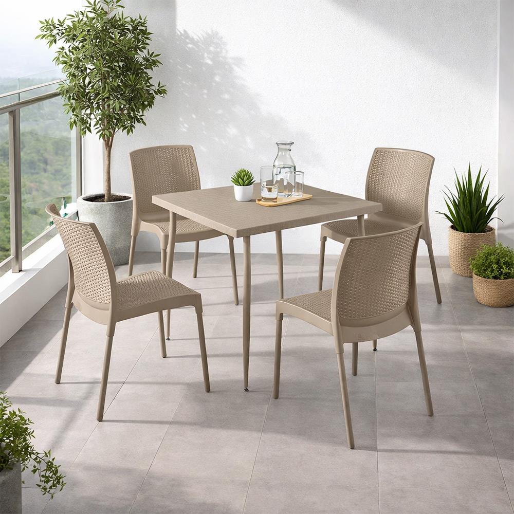 Novussi Carmen Rattan Masa Takımı 80x80 Masa + 4 Adet Rattan Sunny Sandalye Cappucino | ID6410