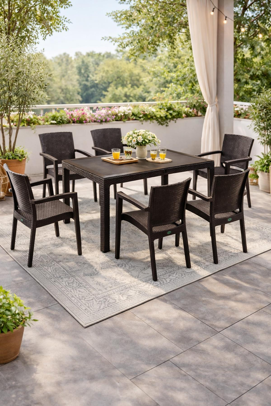 Novussi Liverno Set Rattan Camlı 90x150 Masa + 6 Adet Paris Koltuk Sandalye Koyu Kahverengi | ID1266