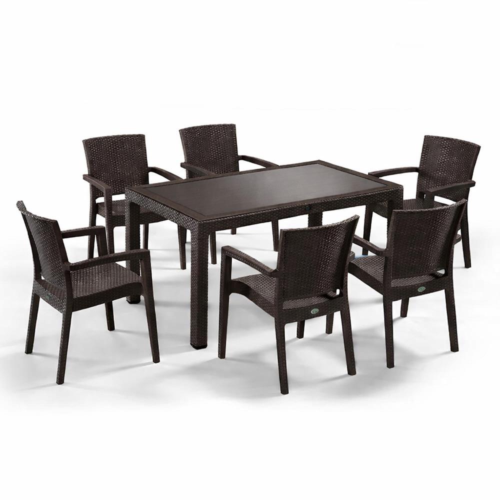 Novussi Liverno Set Rattan Camlı 90x150 Masa + 6 Adet Paris Koltuk Sandalye Koyu Kahverengi | ID1266