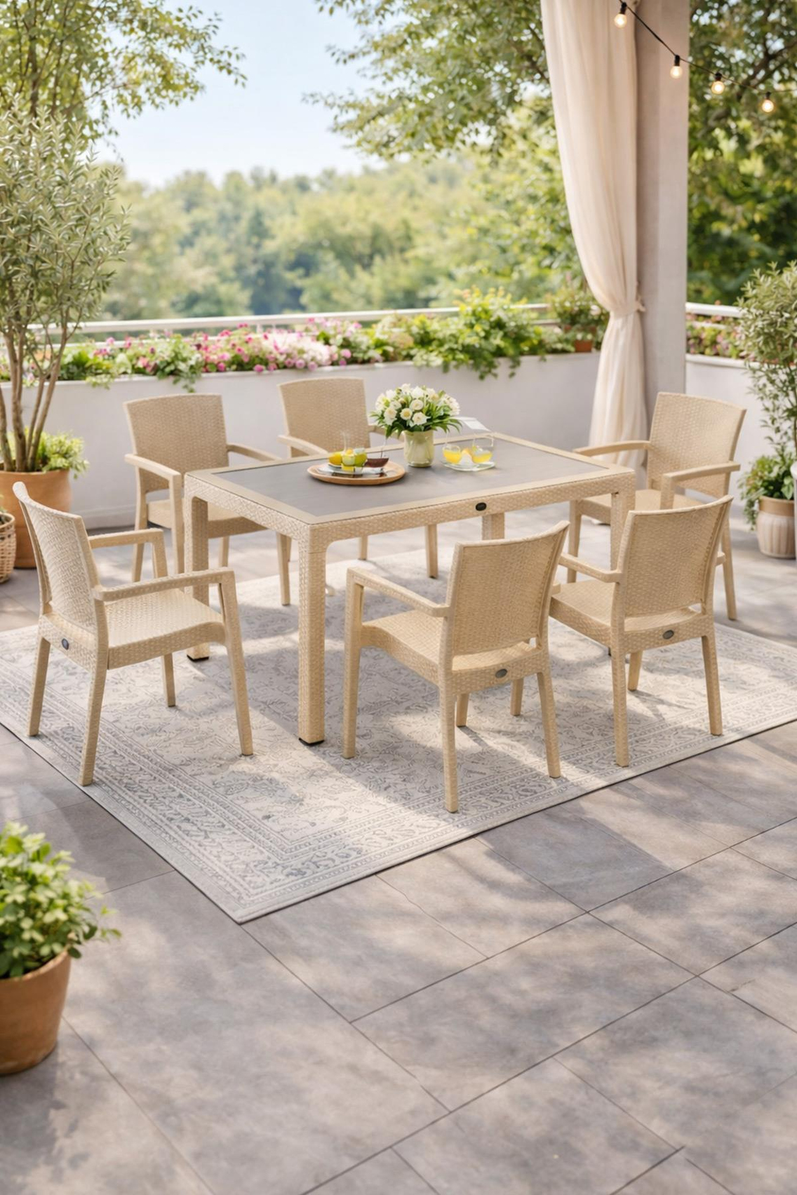 Novussi Liverno Set Rattan Camlı 90x150 Masa + 6 Adet Paris Koltuk Sandalye Krem | ID6326