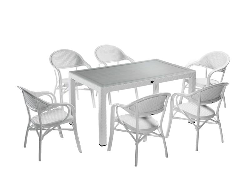 Novussi NST-001 Nirvana Bahçe Masa Takımı 90x150 Camlı Masa + 6 Koltuk Beyaz | ID4629