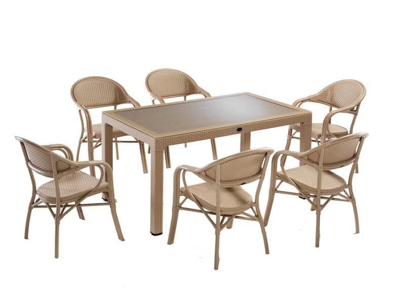 Novussi NST-001 Nirvana Bahçe Masa Takımı 90x150 Camlı Masa + 6 Koltuk Cappucino  | ID4626 