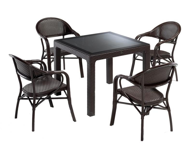 Novussi NST-002 Nirvana Bahçe Masa Takımı 90x90 Camlı Masa + 4 Koltuk Kahverengi | ID4633