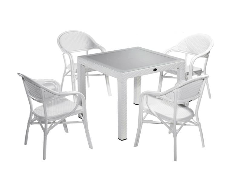 Novussi NST-002 Nirvana Bahçe Masa Takımı 90x90 Camlı Masa + 4 Koltuk Beyaz  | ID4630