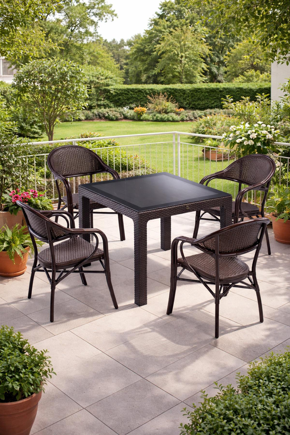 Novussi NST-002 Nirvana Bahçe Masa Takımı 90x90 Camlı Masa + 4 Koltuk Kahverengi | ID4633