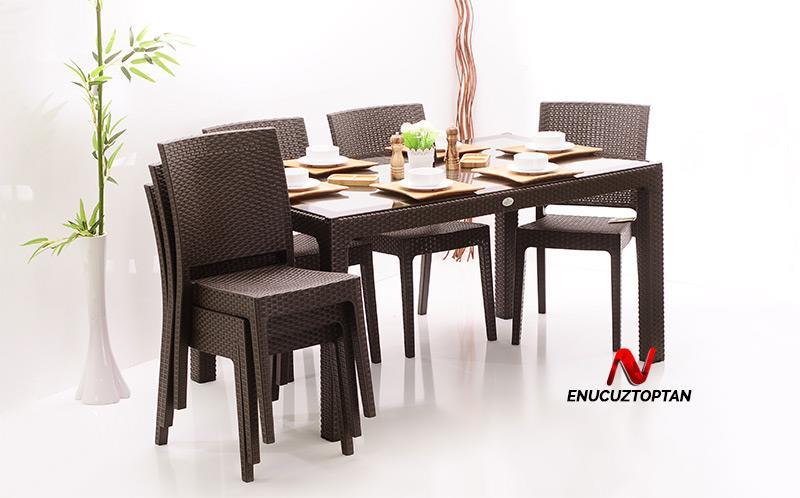 Novussi Rattan Camlı 90x150 Masa + 6 Adet Nice Sandalye | ID1265