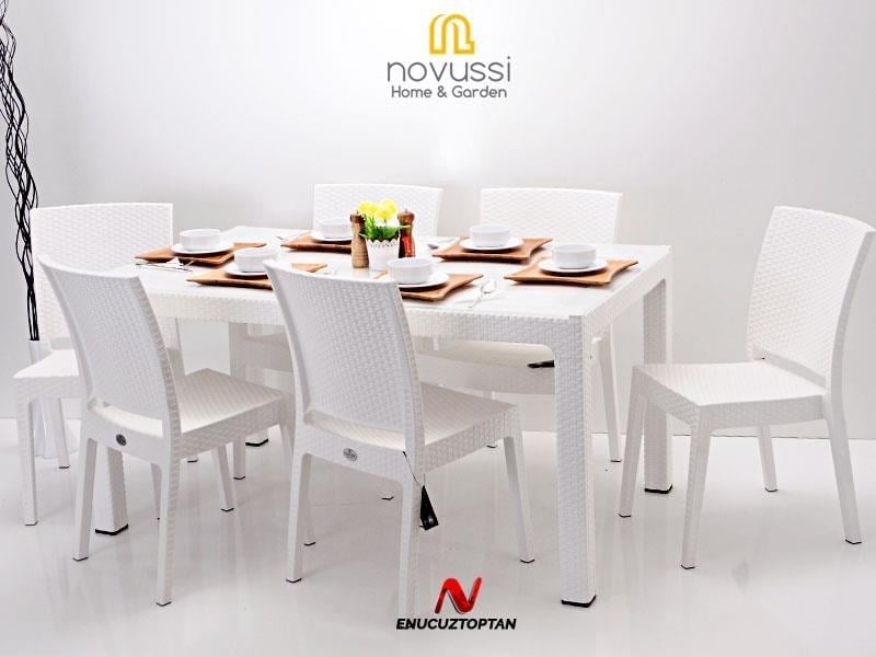 Novussi Rattan Camlı 90x150 Masa + 6 Adet Nice Sandalye | ID1265