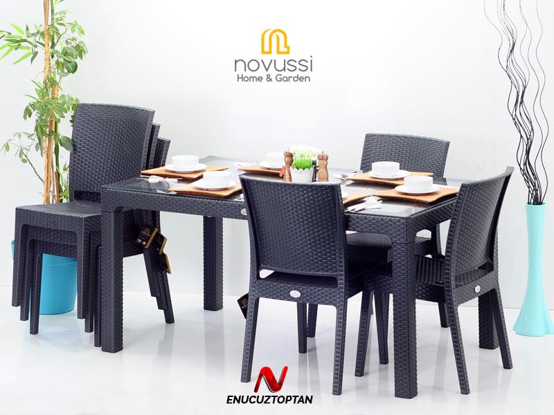 Novussi Rattan Camlı 90x150 Masa + 6 Adet Nice Sandalye | ID1265