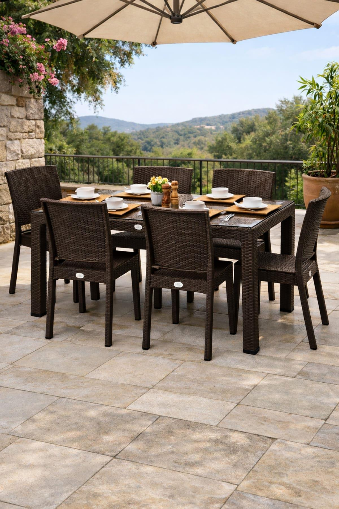 Novussi Rattan Camlı 90x150 Masa + 6 Adet Nice Sandalye | ID1265