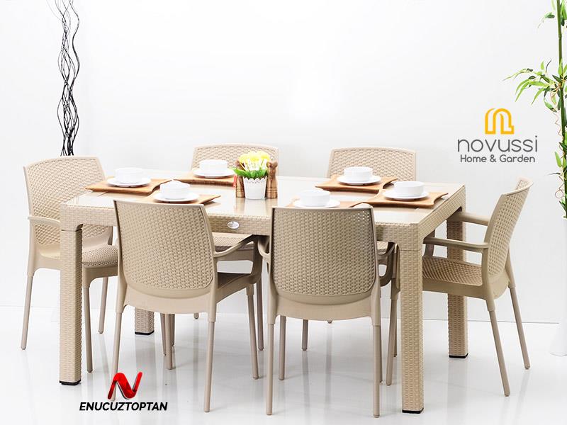 Novussi Rattan Camlı 90x150 Masa + 6 Adet Sunset Koltuk | ID1278