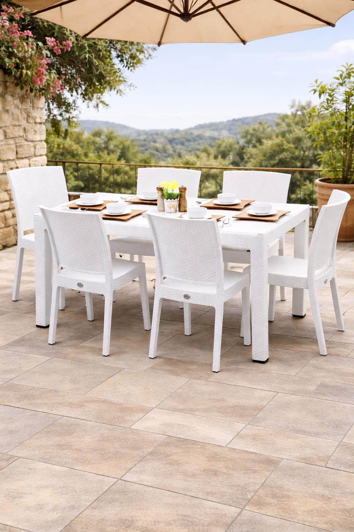 Novussi Rattan Camlı 90x150 Masa + 6 Adet Nice Sandalye | ID1265