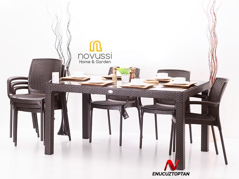 Novussi Rattan Camlı 90x150 Masa + 6 Adet Sunset Koltuk | ID1278