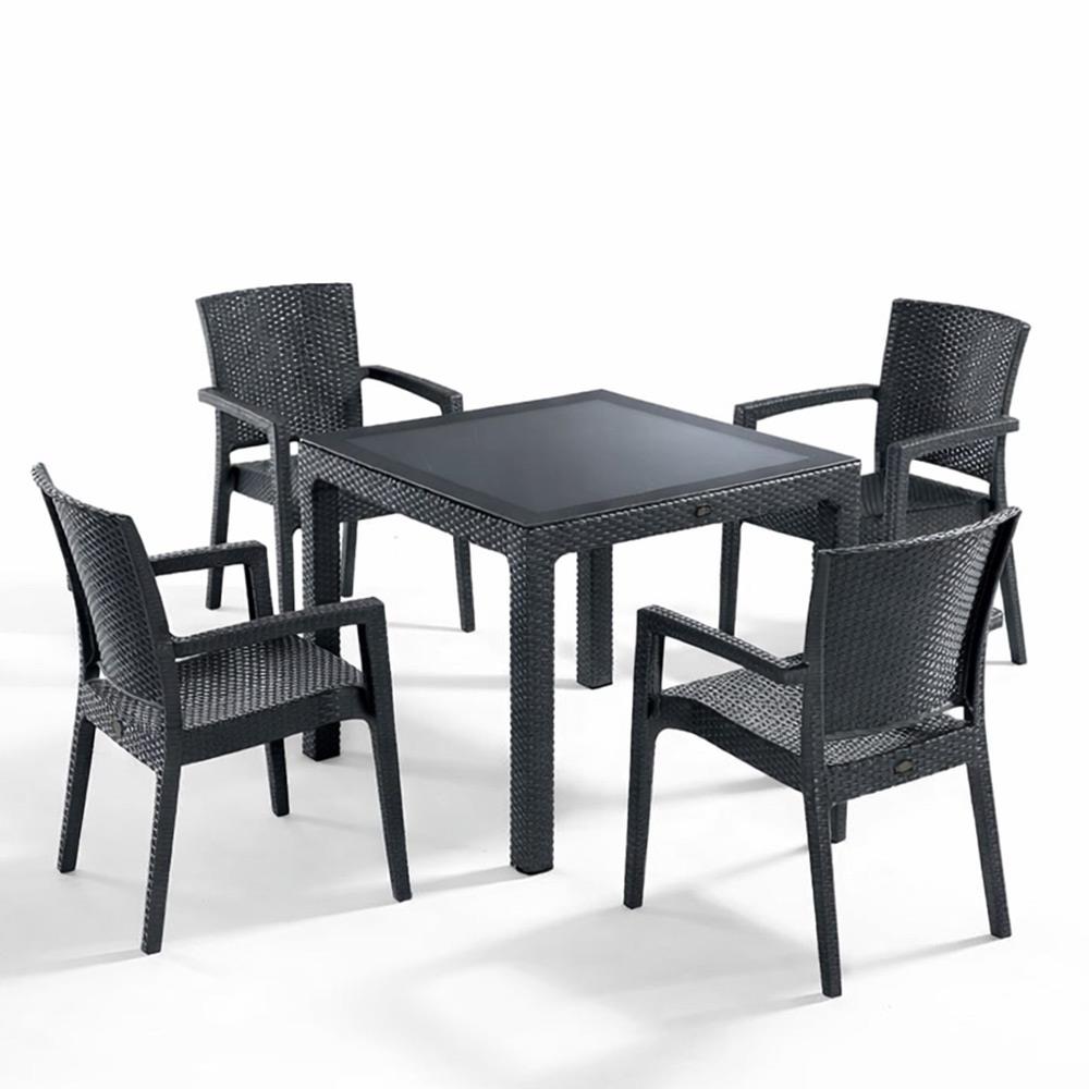 Novussi Rattan Camlı Kare Masa + 4 Adet Paris Koltuk Sandalye Antrasit | ID6322