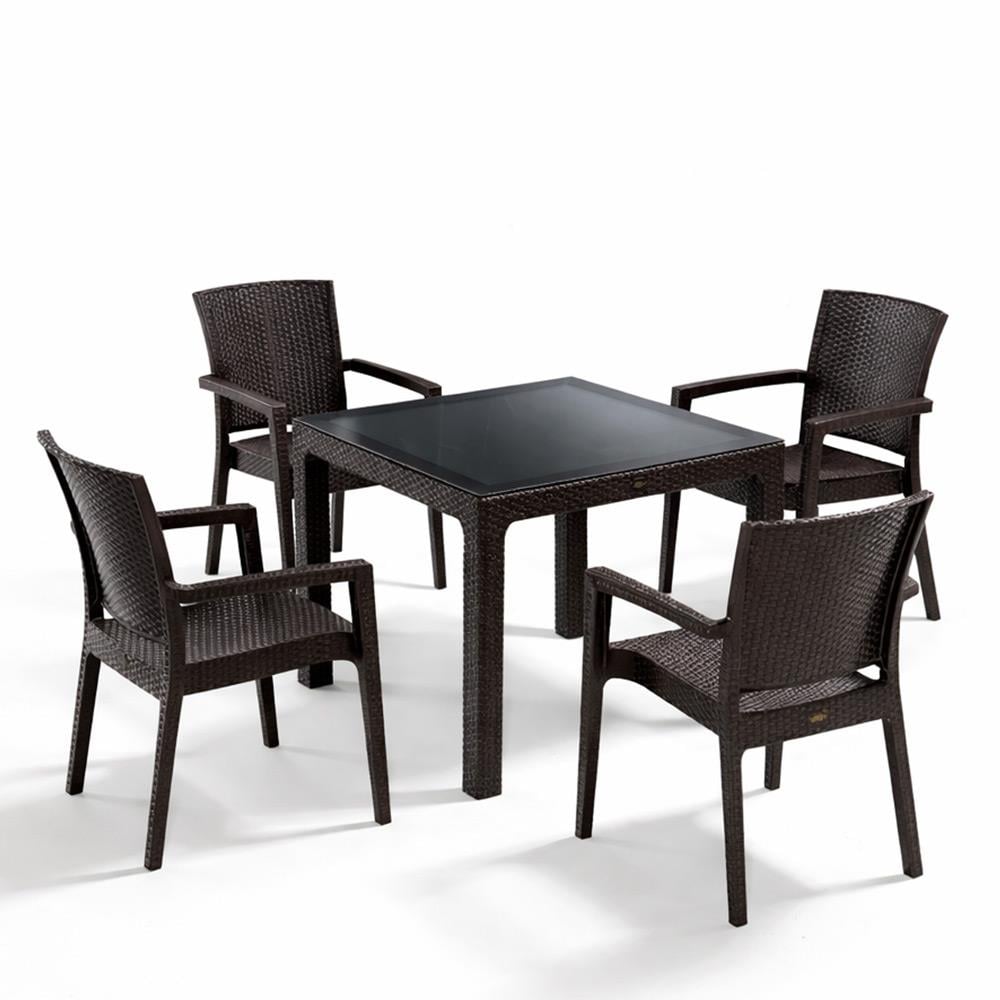 Novussi Rattan Camlı Kare Masa + 4 Adet Paris Koltuk Sandalye Kahverengi | ID1244