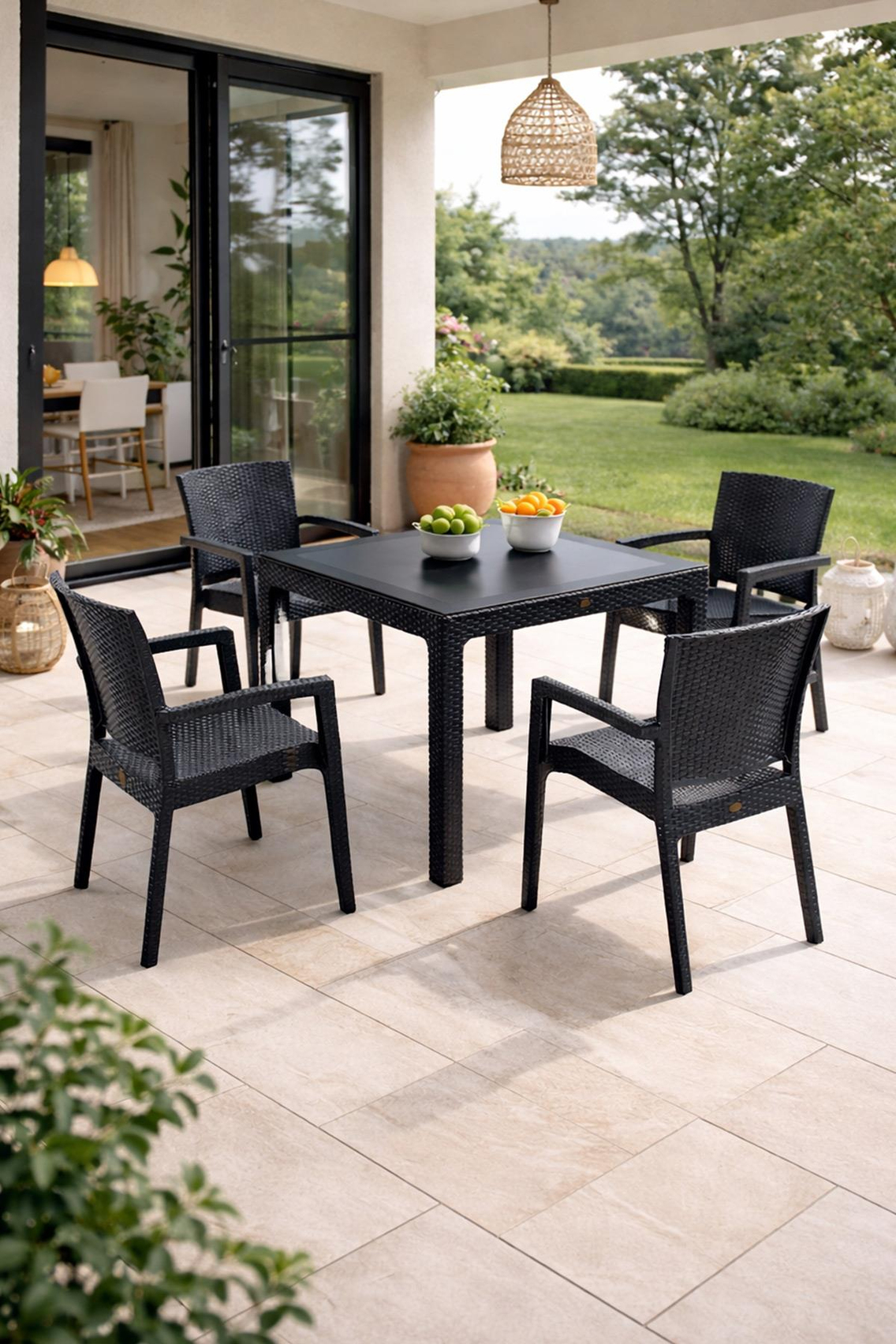 Novussi Rattan Camlı Kare Masa + 4 Adet Paris Koltuk Sandalye Antrasit | ID6322