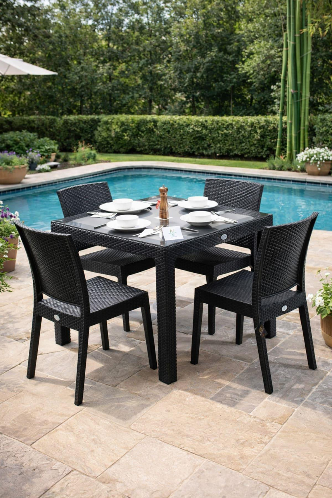 Novussi Rattan Camlı Kare Masa + 4 Adet Nice Sandalye | ID1248