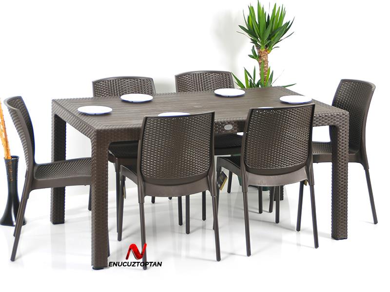 Novussi Rattan Camsız 90x150 Masa + 6 Adet Sunny Sandalye | ID1476