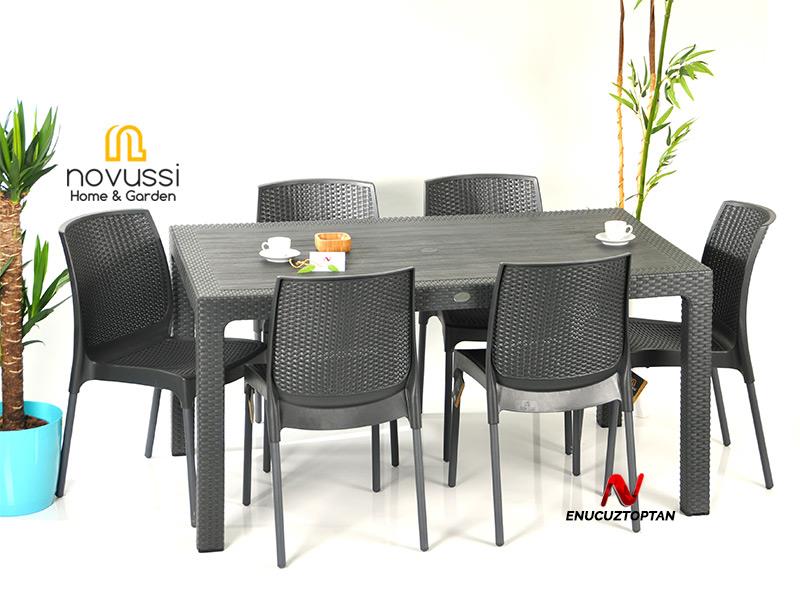 Novussi Rattan Camsız 90x150 Masa + 6 Adet Sunny Sandalye | ID1476