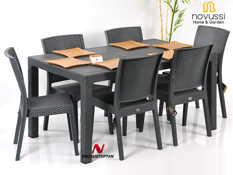 Novussi Rattan Camsız 90x150 Masa + 6 Adet Nice Sandalye | ID1472