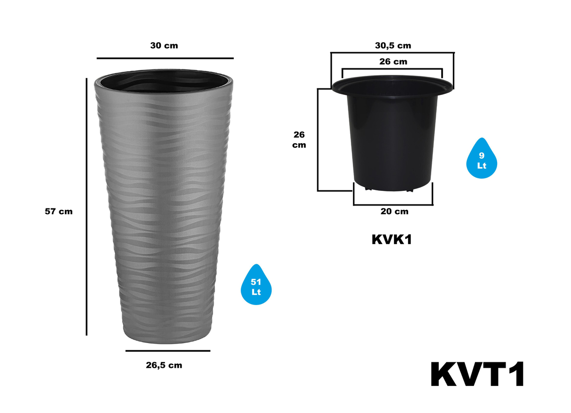 Serinova KVT1 İç Drenaj Hazneli Kumsal Çiçek Vazosu 51 Litre | ID6015