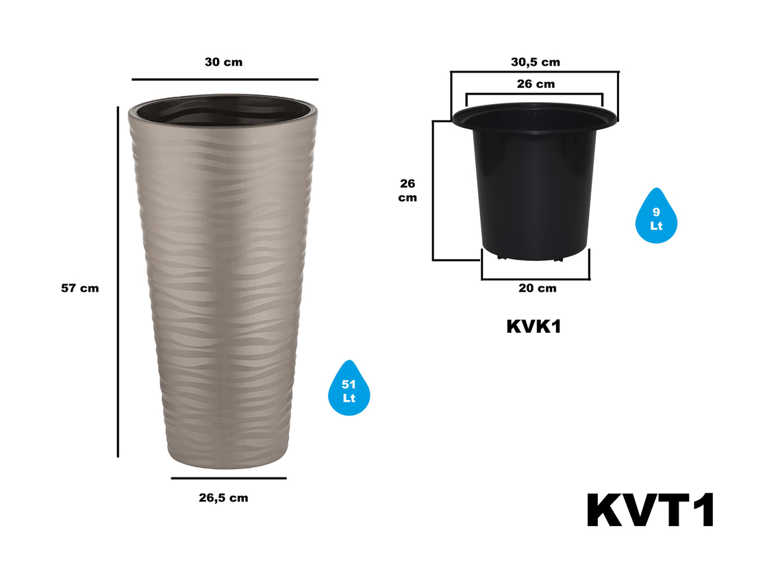 Serinova KVT1 İç Drenaj Hazneli Kumsal Çiçek Vazosu 51 Litre | ID6015